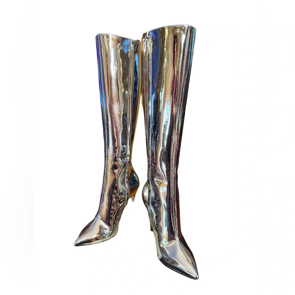 Moschino NWT Sz 38 Vero Cucio Silver Metallic Knee-High Stiletto Boots (SH292) - Picture 3 of 15